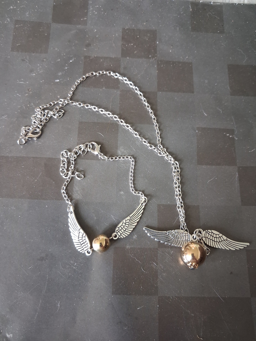 Silver Winged Pendant Necklace with Gold Orb - Women Jewelry